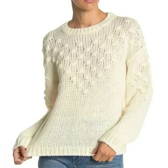 Abound Chunky Loose Knit Textured Ivory Cream Pom Pom Sweater Medium - Picture 1 of 12